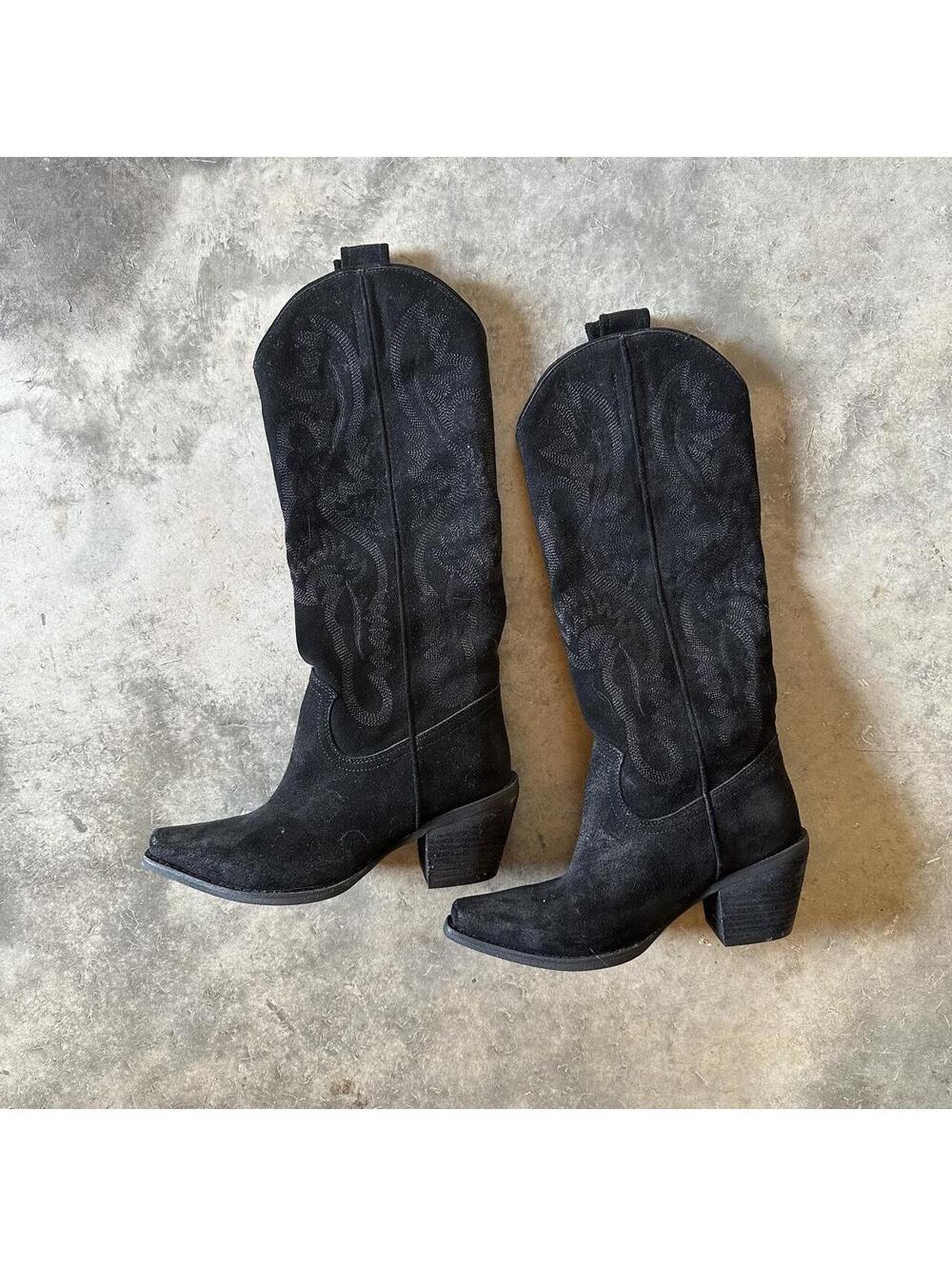Jeffrey Campbell Rancher-K Black Suede Embroidered Western Cowboy Boots Size 5